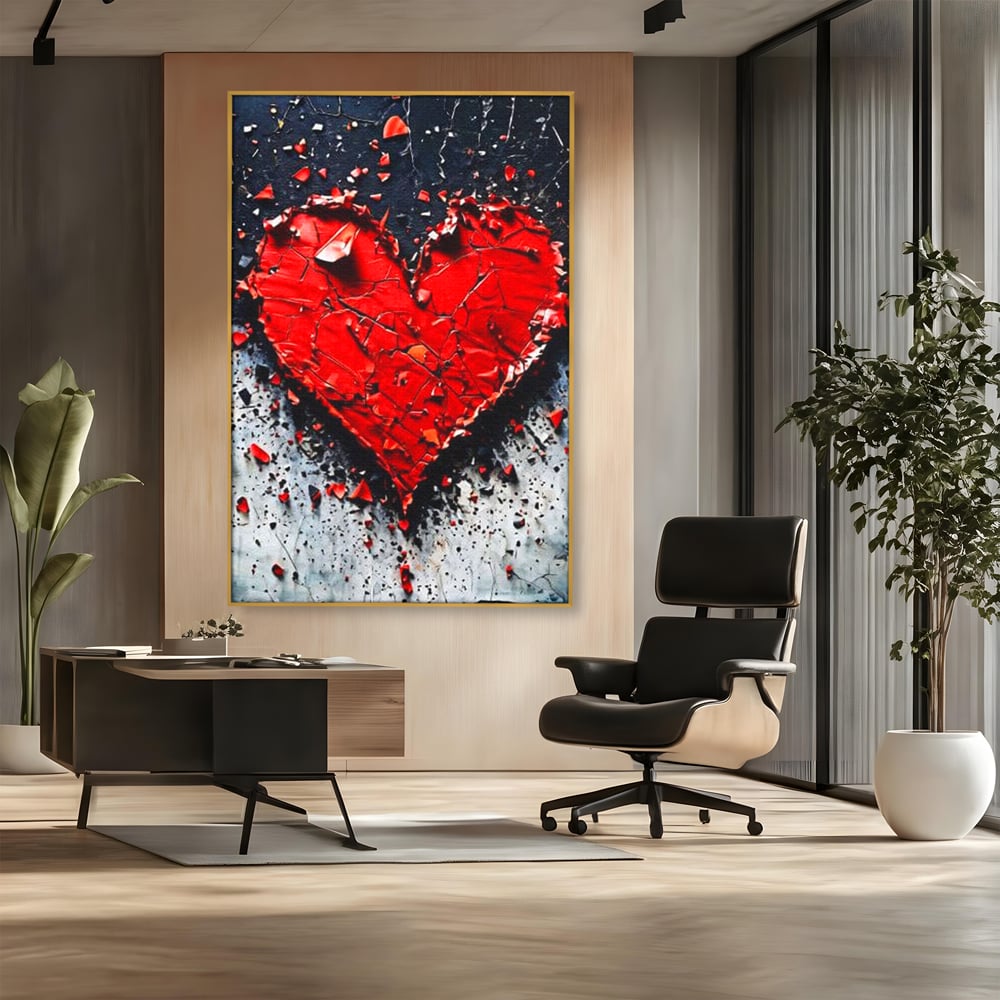 Tablou canvas cu tablou canvas cu o inima rosie crapata, in rama de aluminiu auriu, pe perete intr-un birou